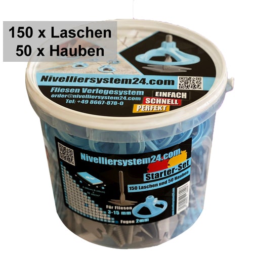 Nivelliersystem24.com - Starter Set mit 150 x Laschen und 50 x Hauben im Eimer